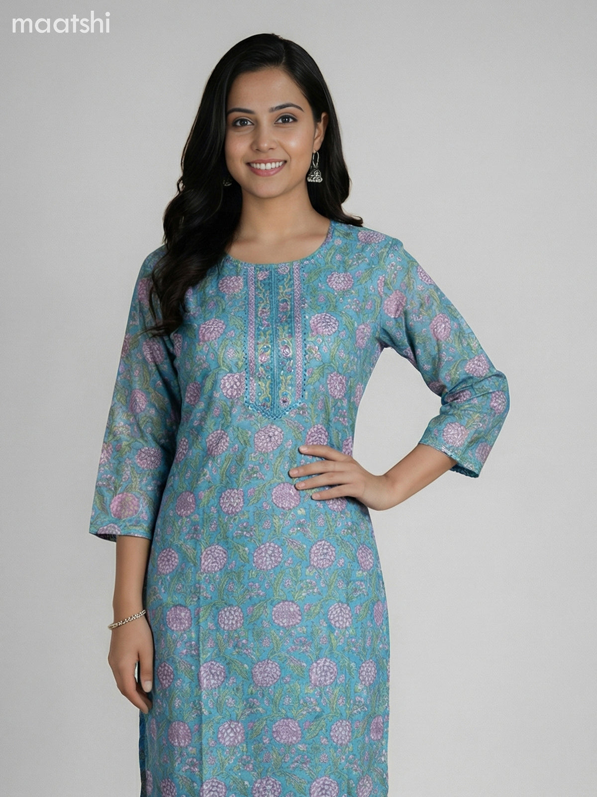 Teal Blue and Cream Chanderi Kalamkari Printed Straight Suit
