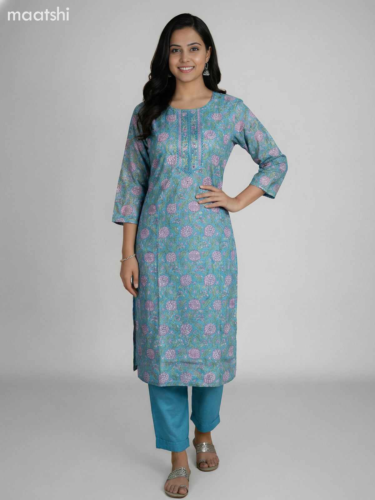 Teal Blue and Cream Chanderi Kalamkari Printed Straight Suit