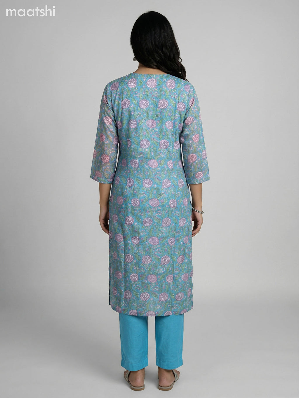 Teal Blue and Cream Chanderi Kalamkari Printed Straight Suit