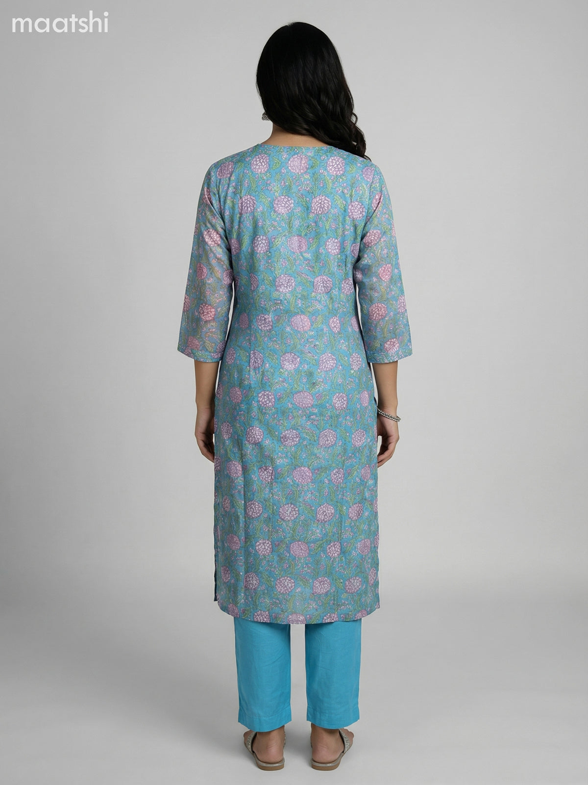 Teal Blue and Cream Chanderi Kalamkari Printed Straight Suit