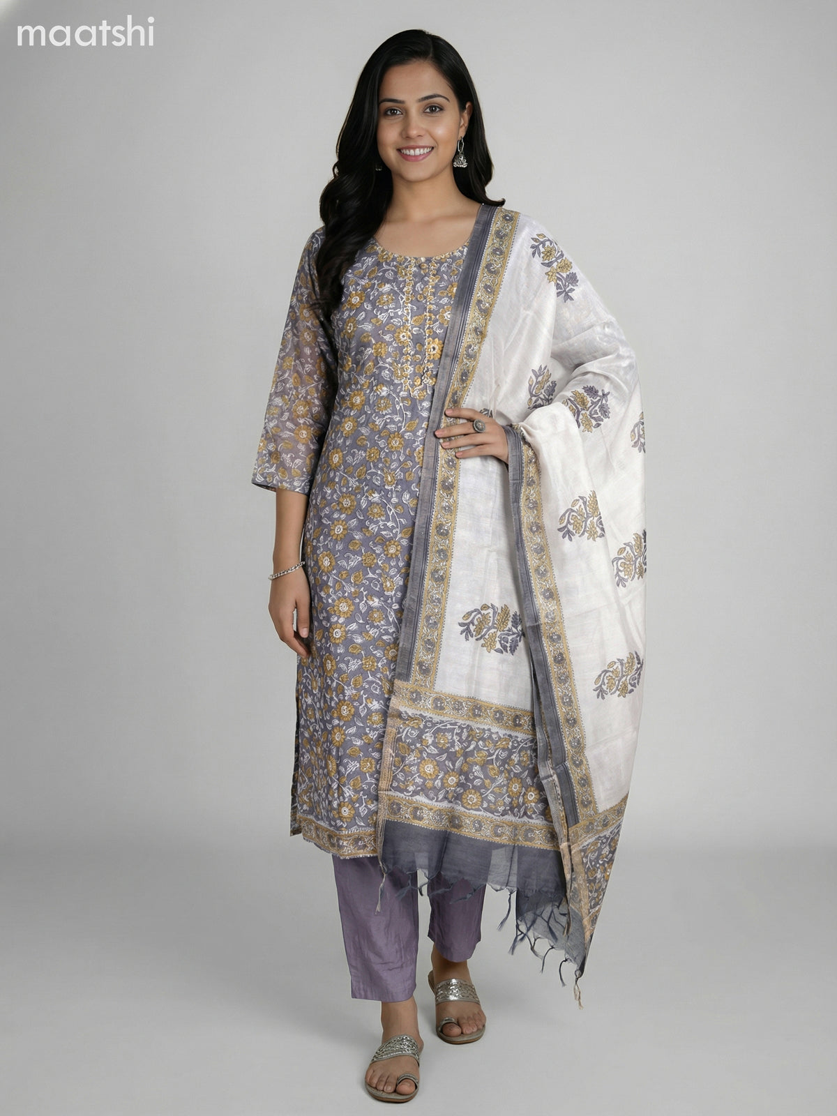 Dark Grey Chanderi Kalamkari Printed Straight Suit