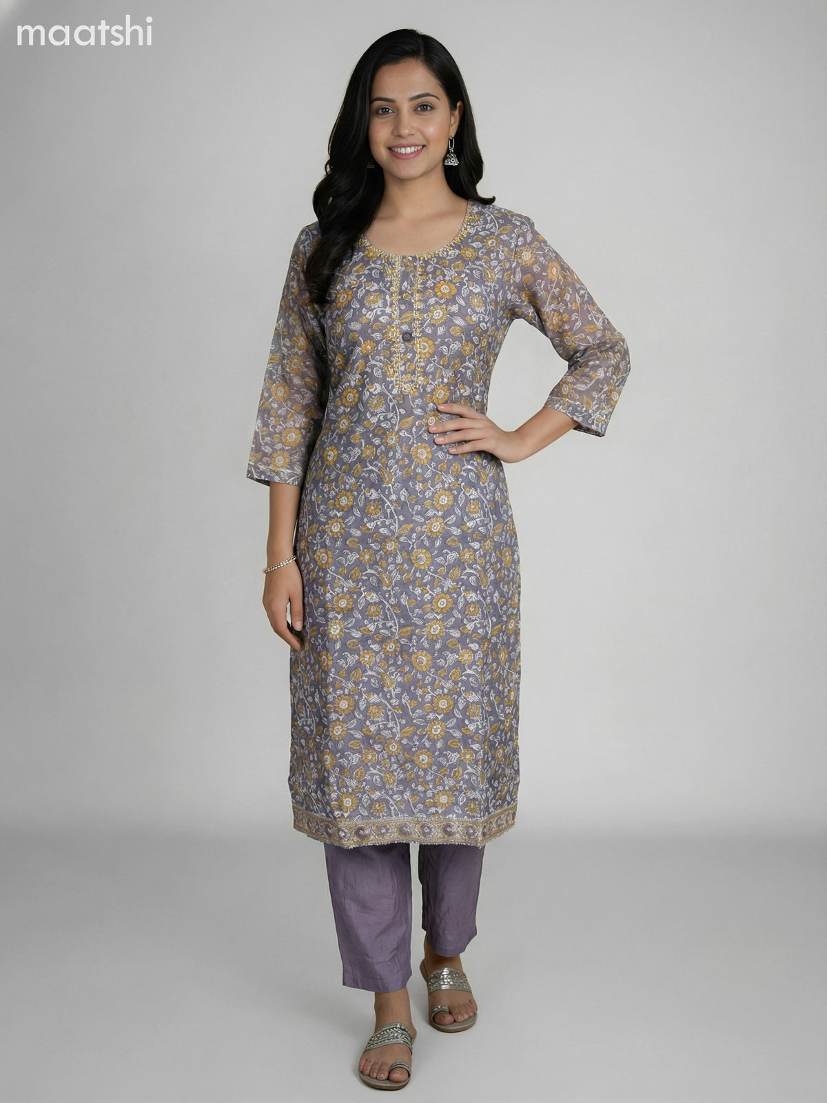 Dark Grey Chanderi Kalamkari Printed Straight Suit