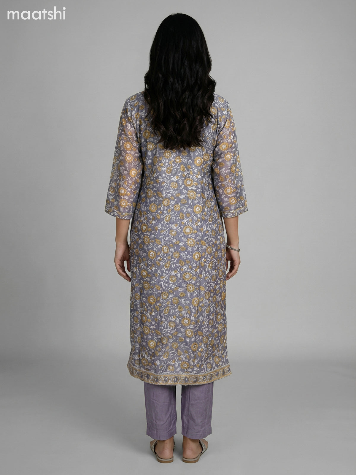 Dark Grey Chanderi Kalamkari Printed Straight Suit