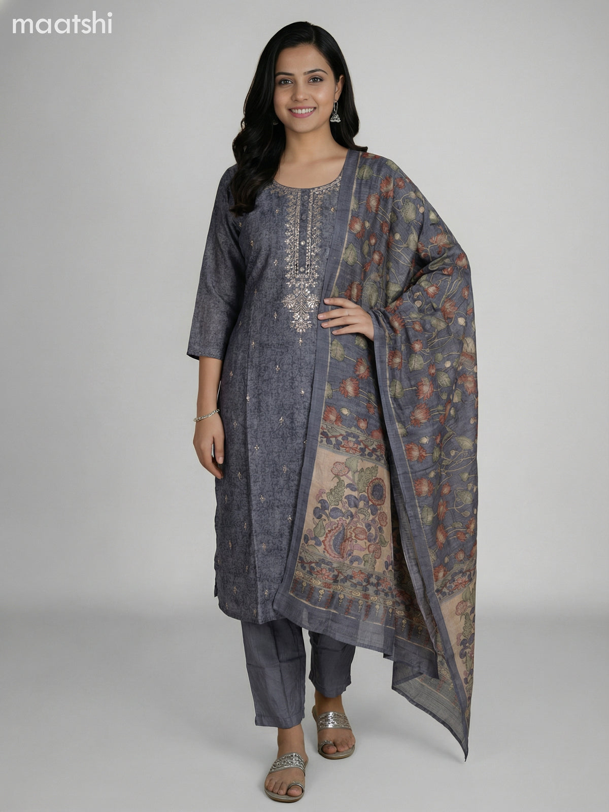Dark Grey and Beige Semi Tussar Gota Patti Neck Pattern Straight Suit