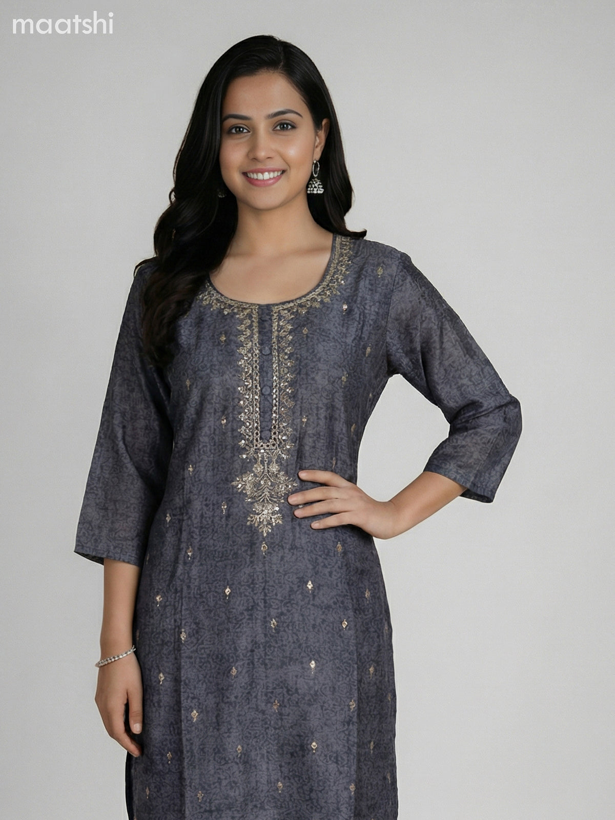 Dark Grey and Beige Semi Tussar Gota Patti Neck Pattern Straight Suit