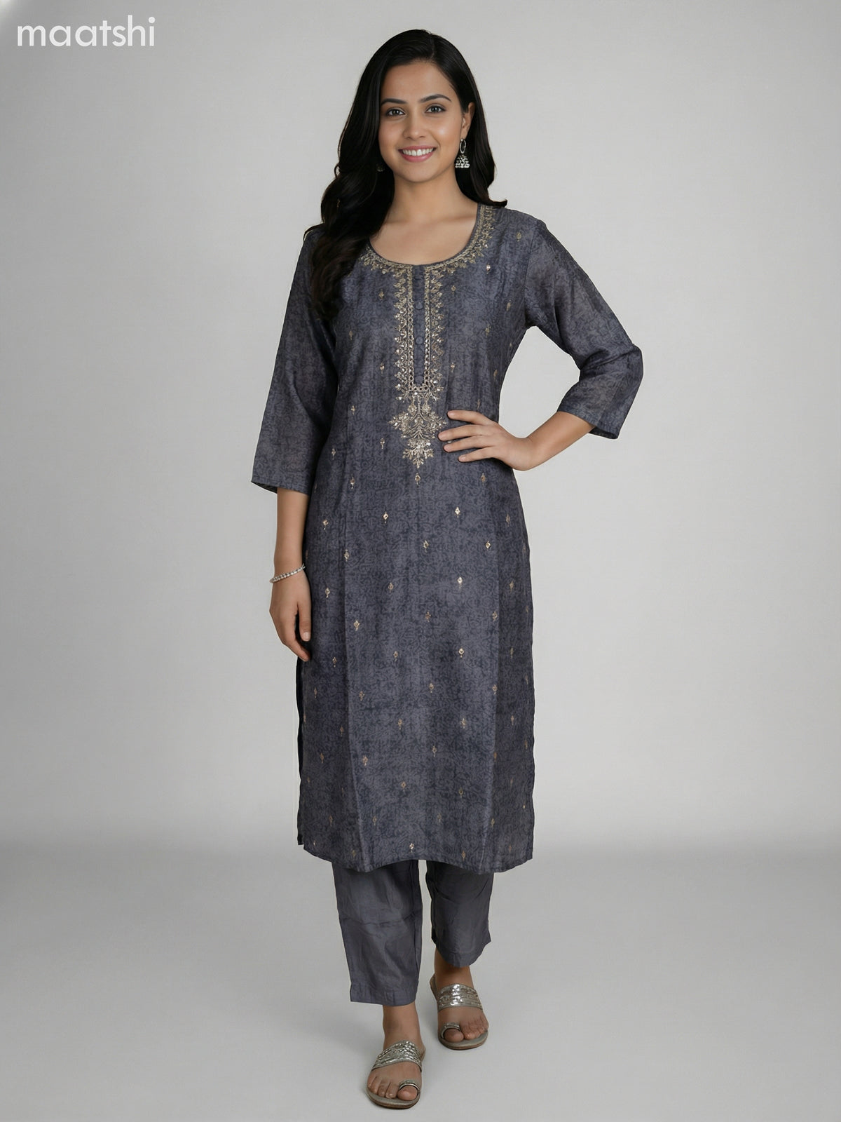 Dark Grey and Beige Semi Tussar Gota Patti Neck Pattern Straight Suit