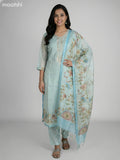 Teal Shade Tissue Linen Gota Patti Neck Pattern Straight Suit