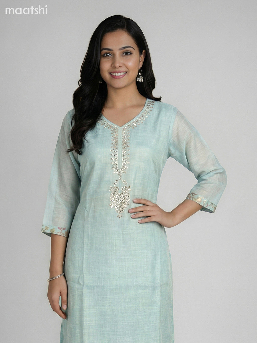 Teal Shade Tissue Linen Gota Patti Neck Pattern Straight Suit