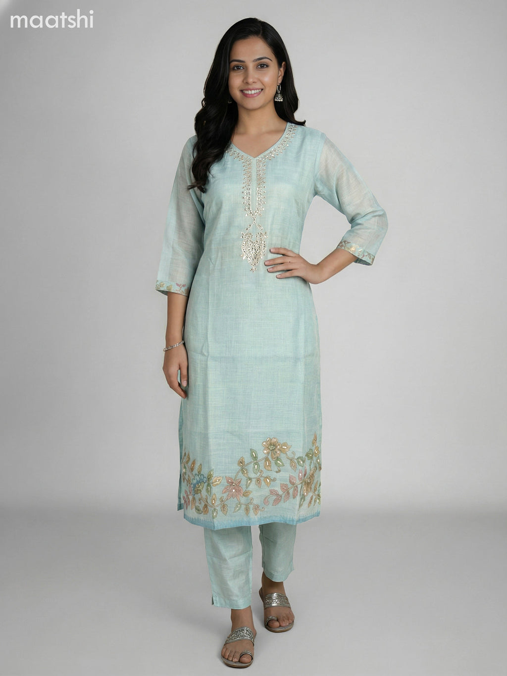 Teal Shade Tissue Linen Gota Patti Neck Pattern Straight Suit