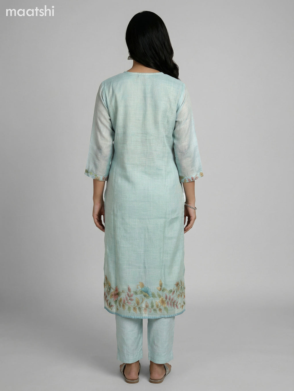 Teal Shade Tissue Linen Gota Patti Neck Pattern Straight Suit