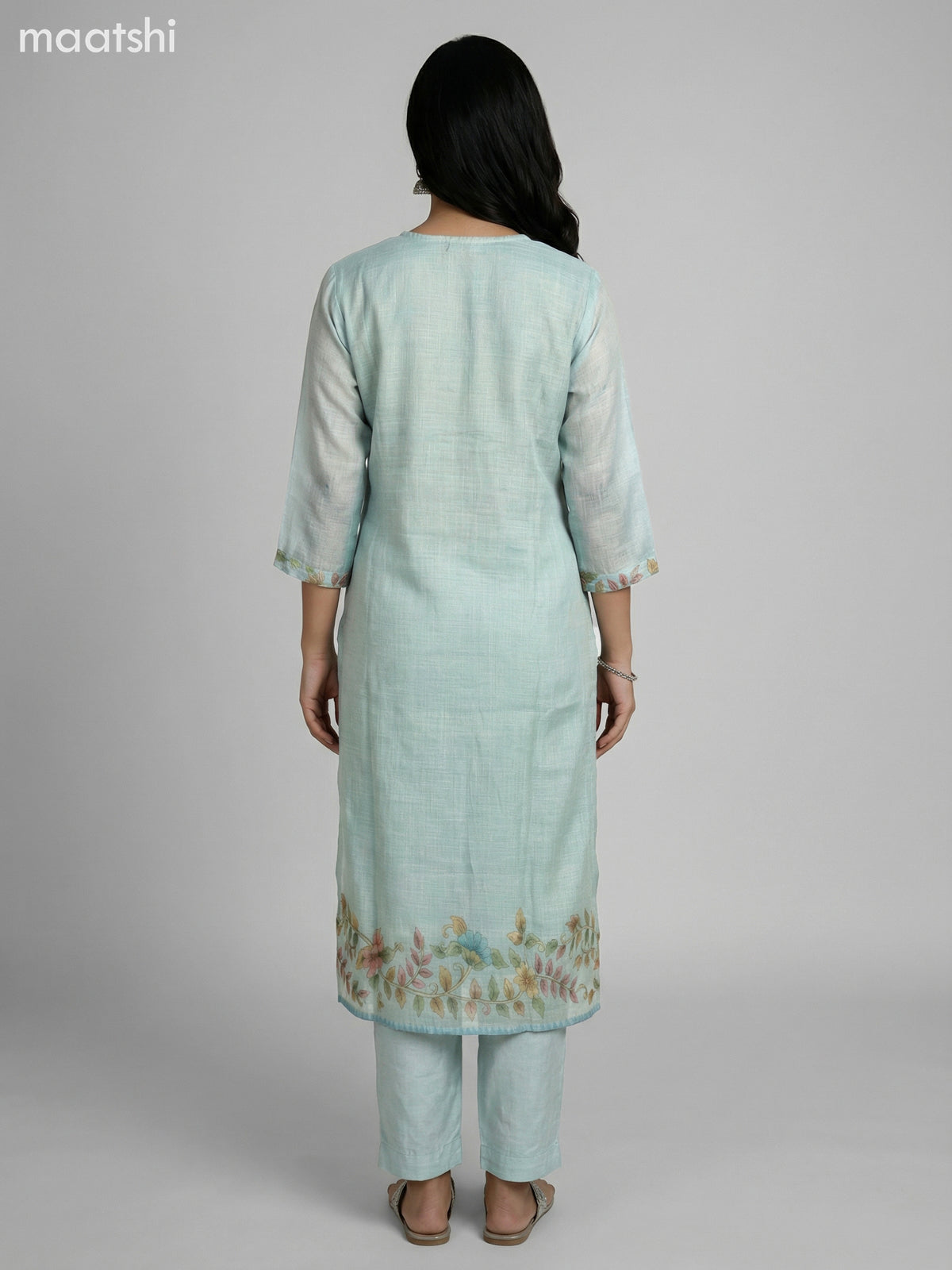 Teal Shade Tissue Linen Gota Patti Neck Pattern Straight Suit