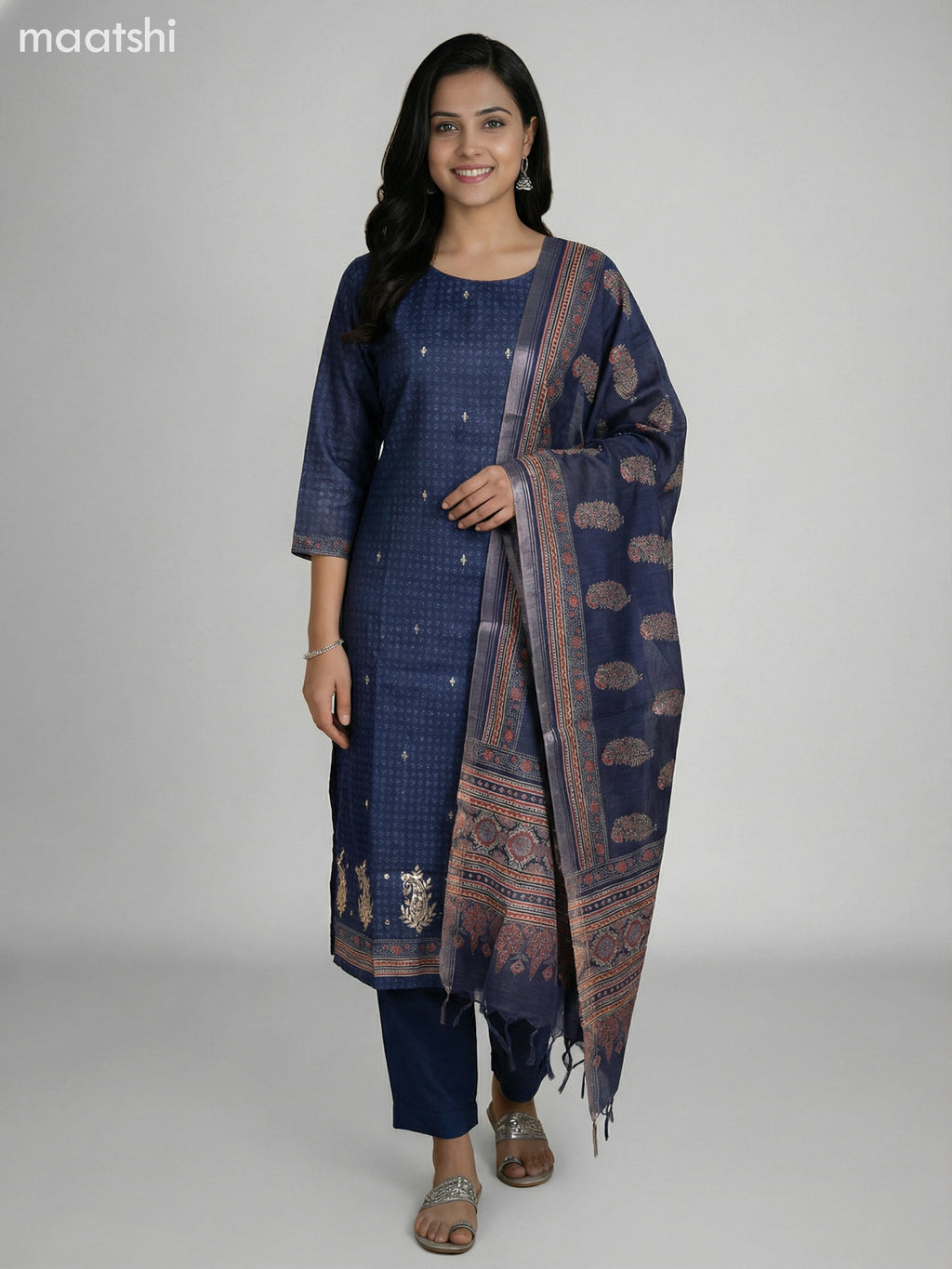 Navy Blue Chanderi Printed Straight Suit