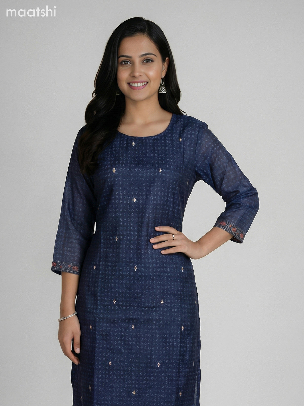 Navy Blue Chanderi Printed Straight Suit