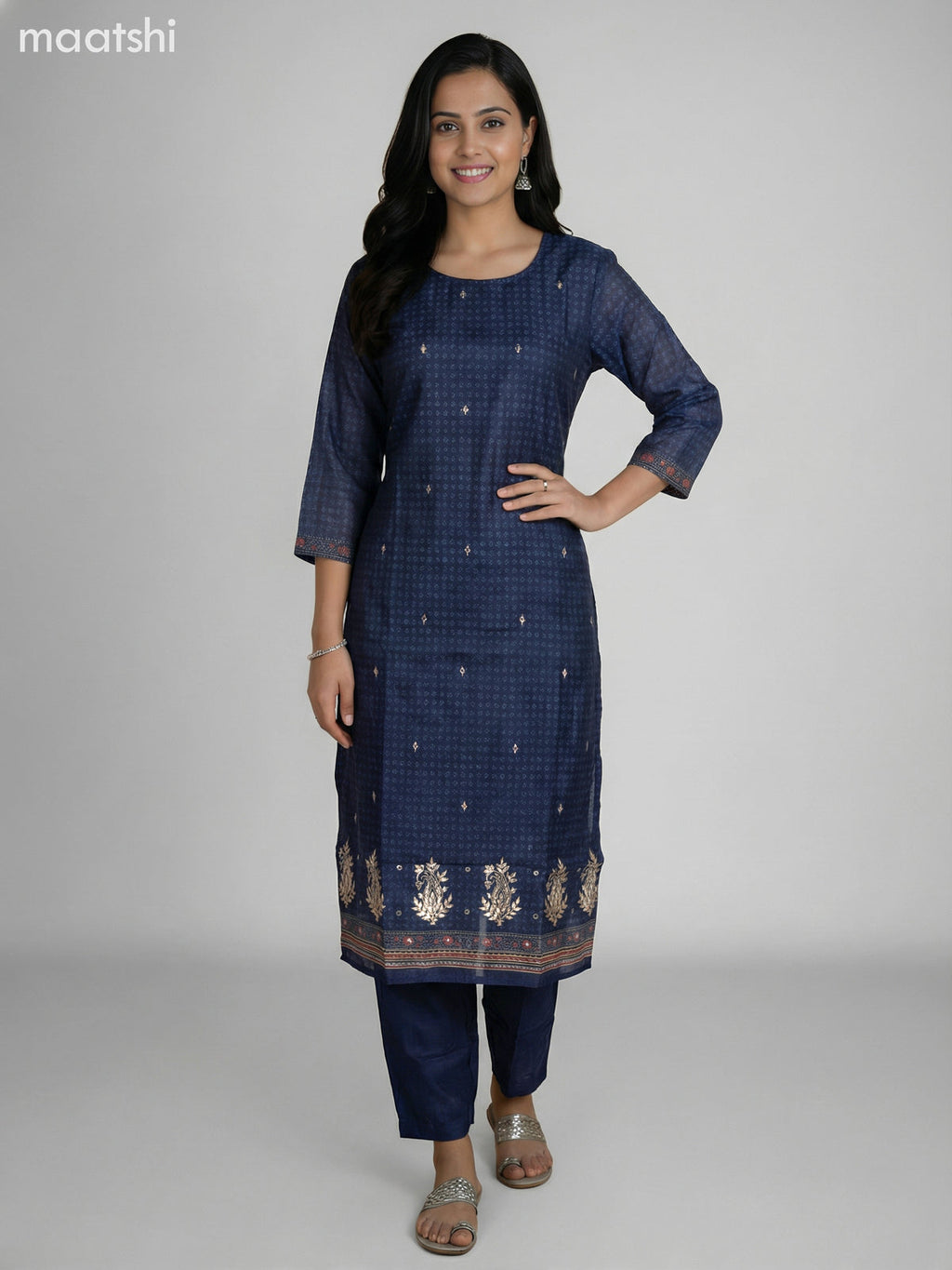 Navy Blue Chanderi Printed Straight Suit