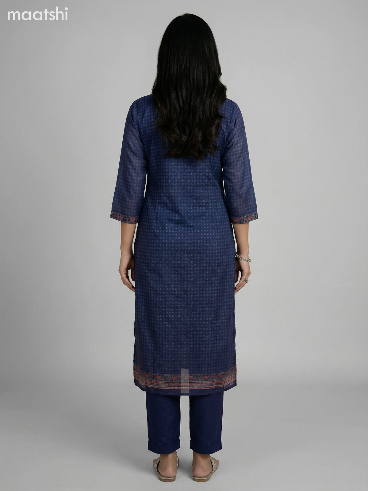 Navy Blue Chanderi Printed Straight Suit
