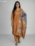 Dark Mustard and Grey Shade Semi Tussar Gota Patti Neck Pattern Straight Suit