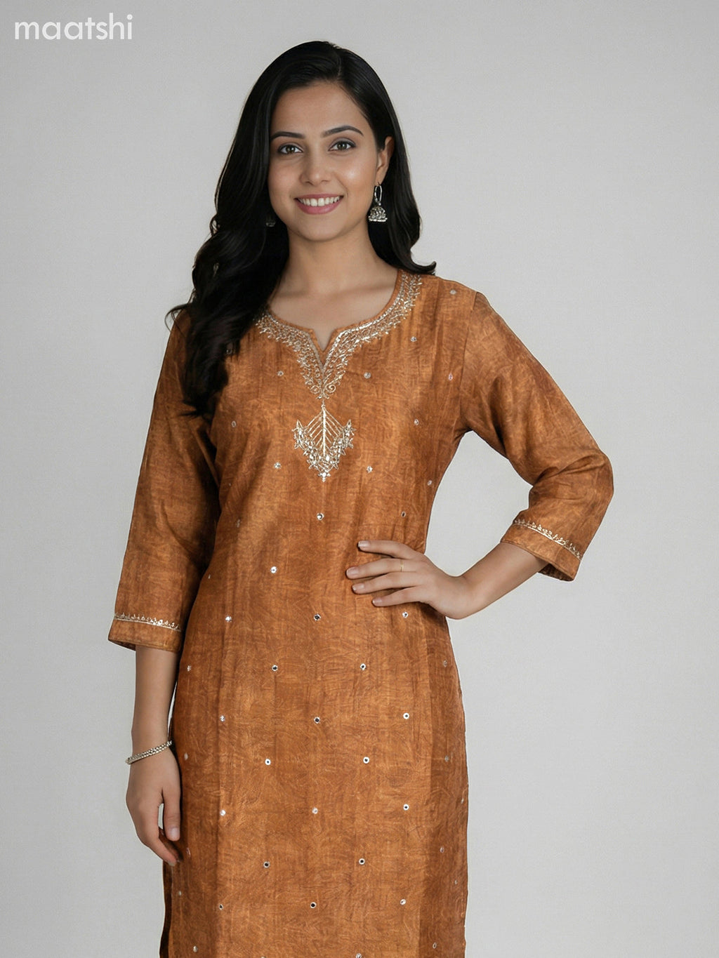 Dark Mustard and Grey Shade Semi Tussar Gota Patti Neck Pattern Straight Suit