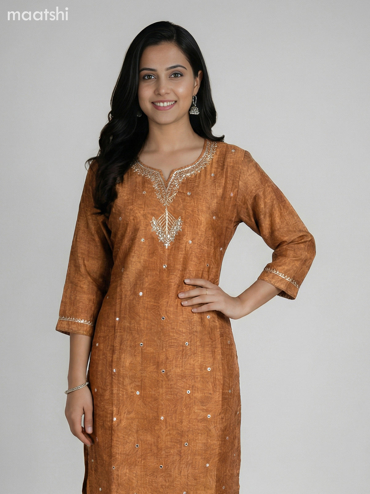 Dark Mustard and Grey Shade Semi Tussar Gota Patti Neck Pattern Straight Suit