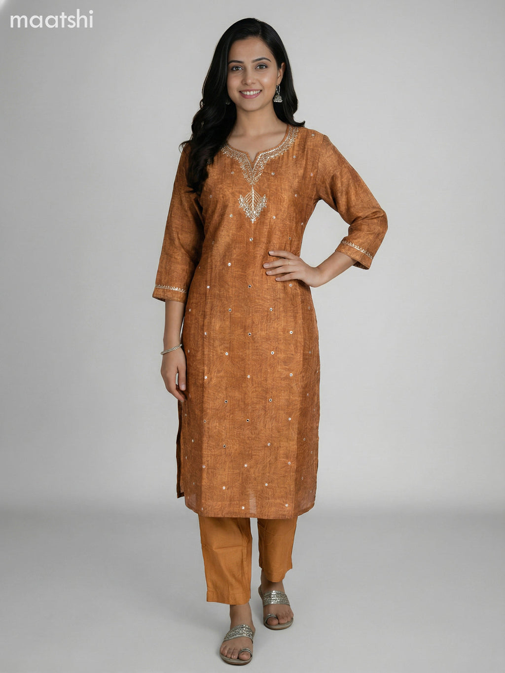 Dark Mustard and Grey Shade Semi Tussar Gota Patti Neck Pattern Straight Suit