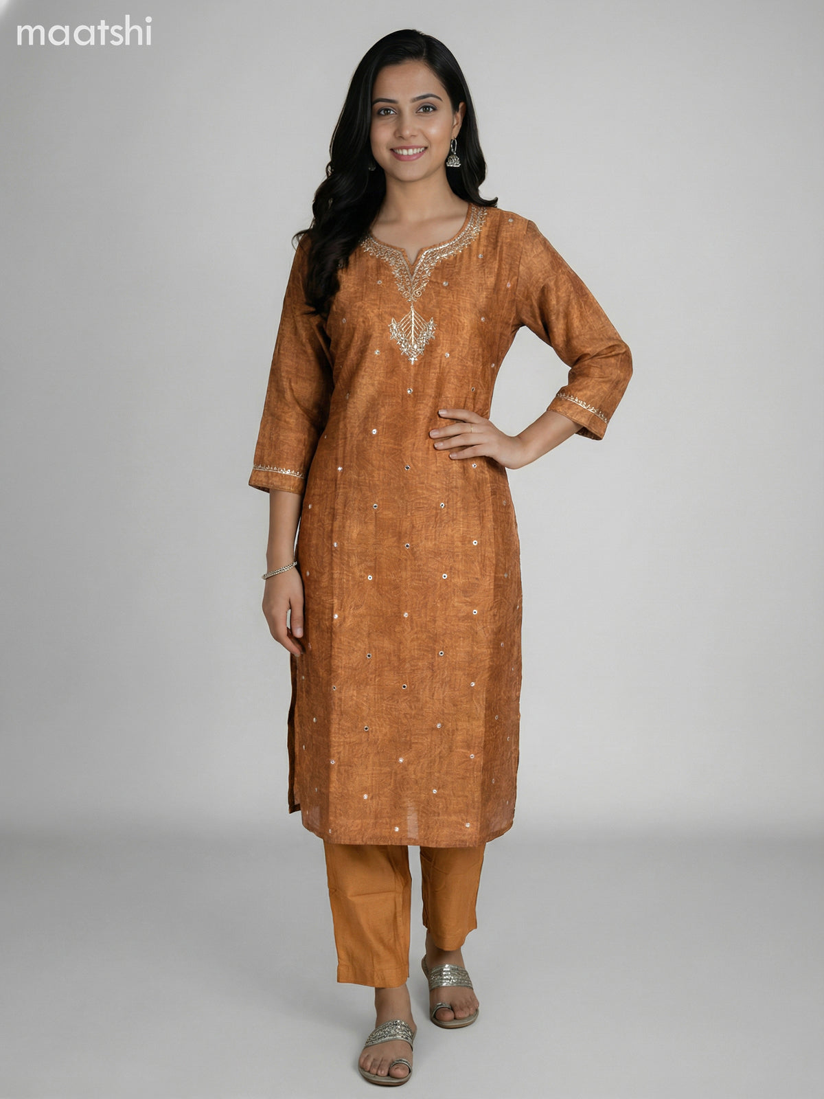 Dark Mustard and Grey Shade Semi Tussar Gota Patti Neck Pattern Straight Suit