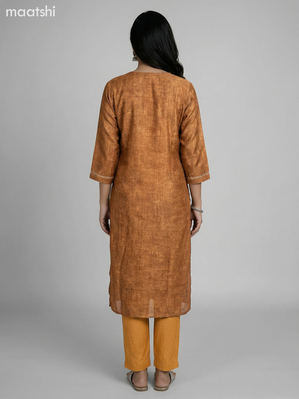 Dark Mustard and Grey Shade Semi Tussar Gota Patti Neck Pattern Straight Suit
