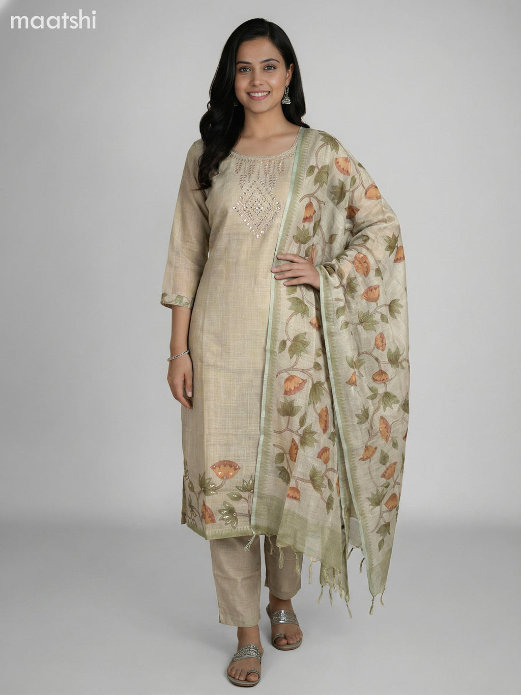 Beige Tissue Linen Gota Patti Neck Pattern Straight Suit