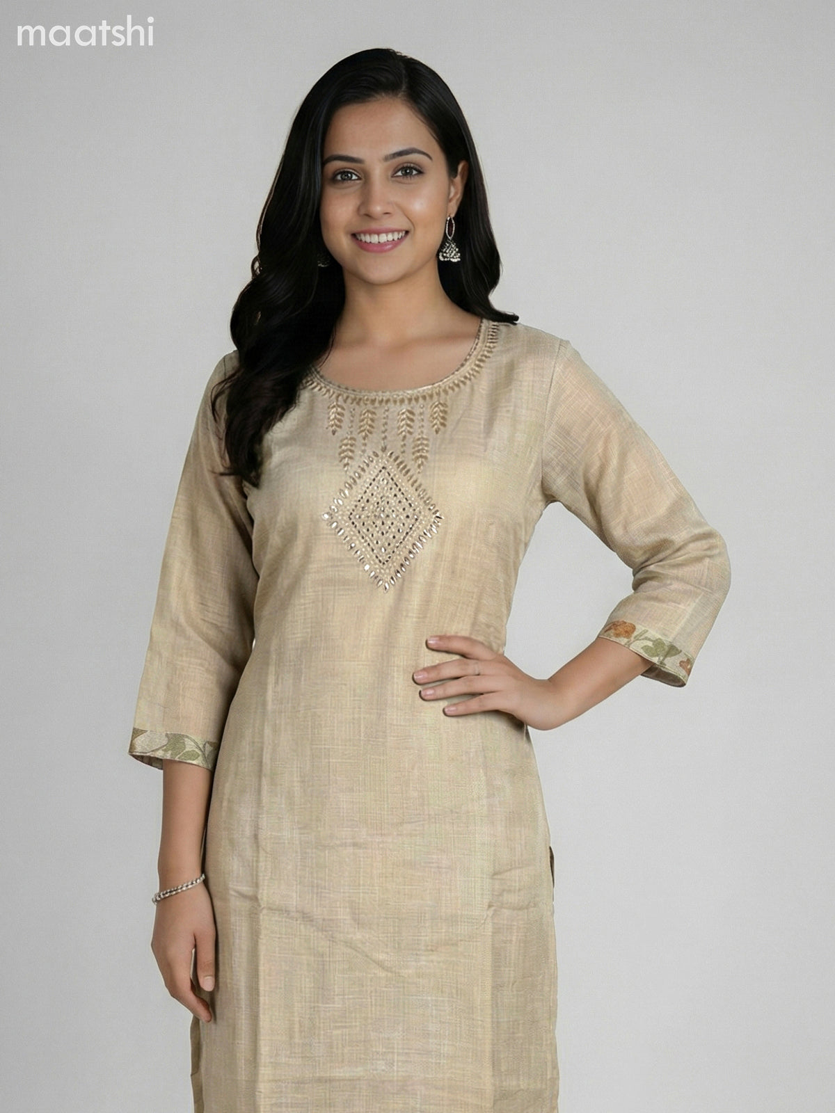 Beige Tissue Linen Gota Patti Neck Pattern Straight Suit