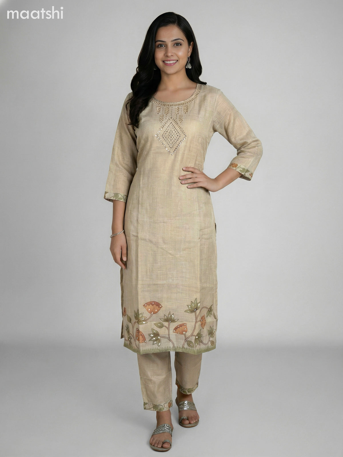 Beige Tissue Linen Gota Patti Neck Pattern Straight Suit