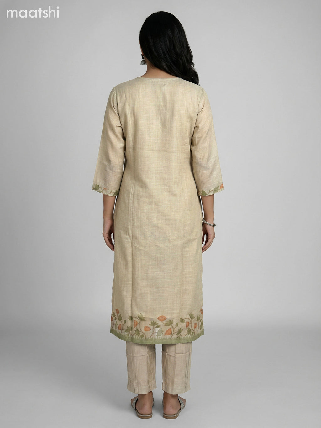 Beige Tissue Linen Gota Patti Neck Pattern Straight Suit