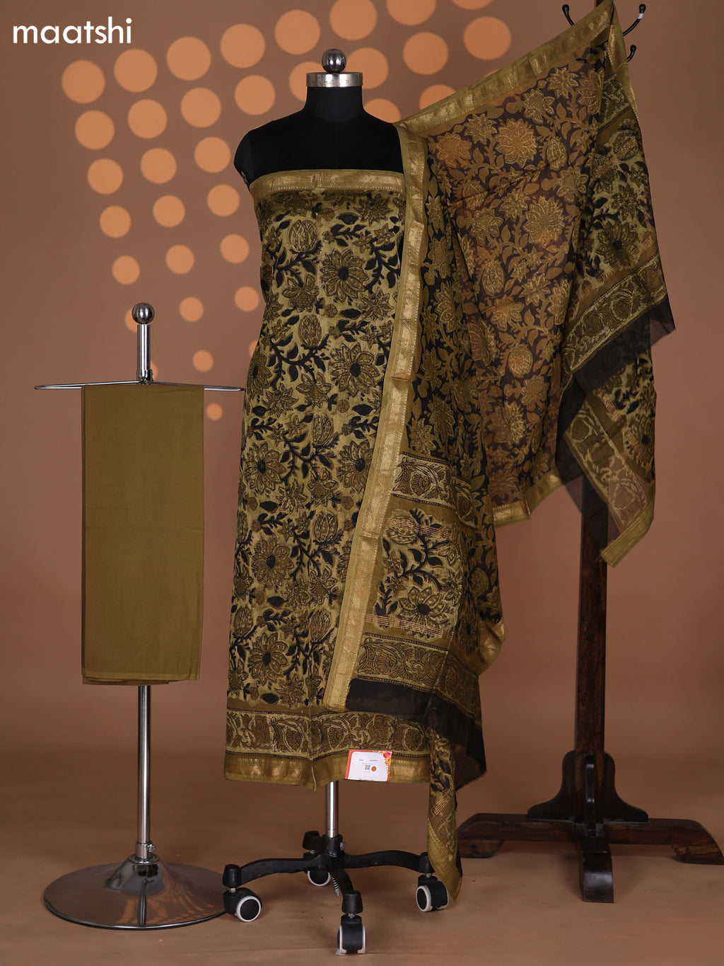 Mehendi Green Chanderi Dress Material With Kalamkari Prints