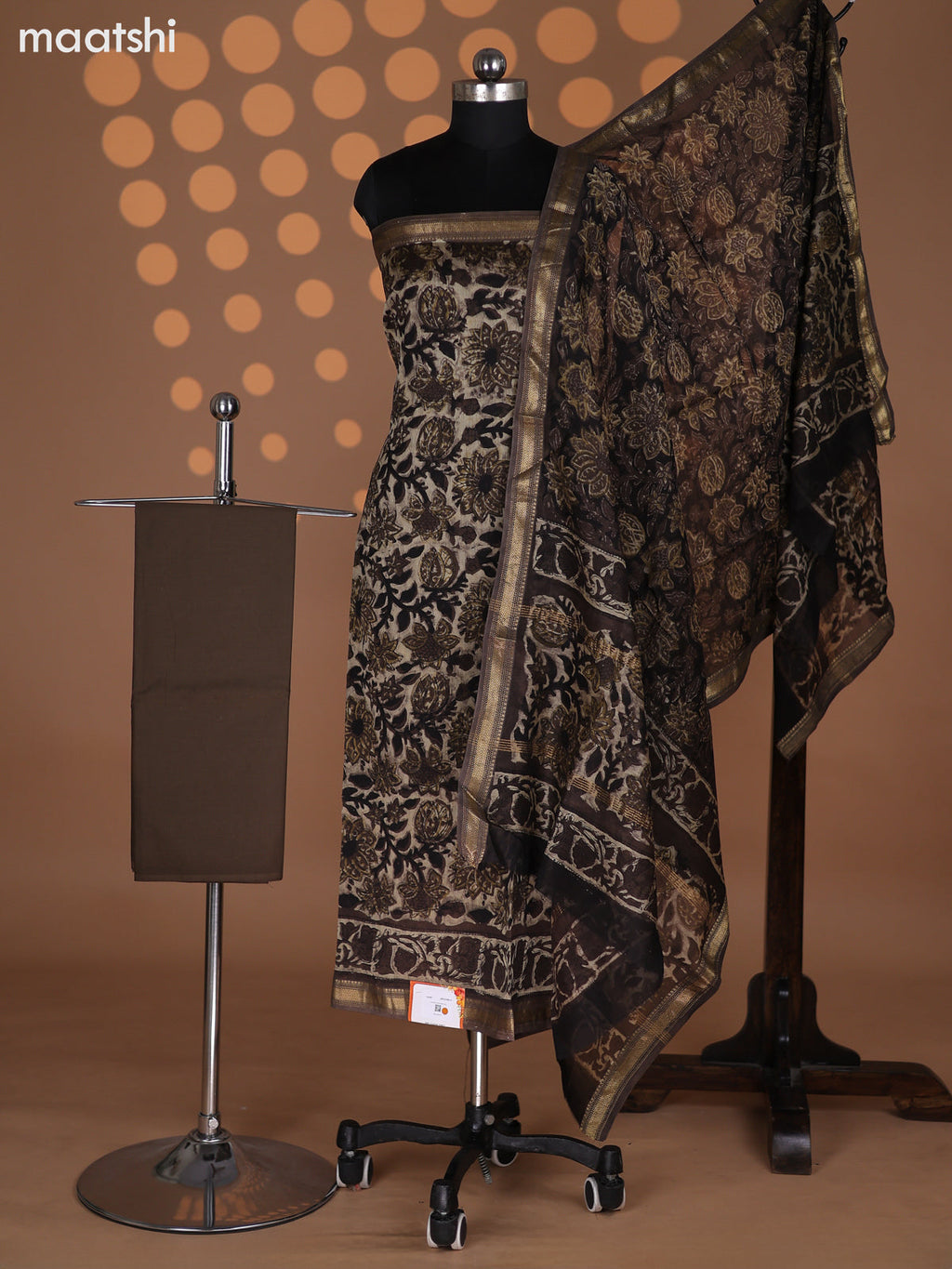 Beige and Dark Brown Chanderi Dress Material With Kalamkari Prints