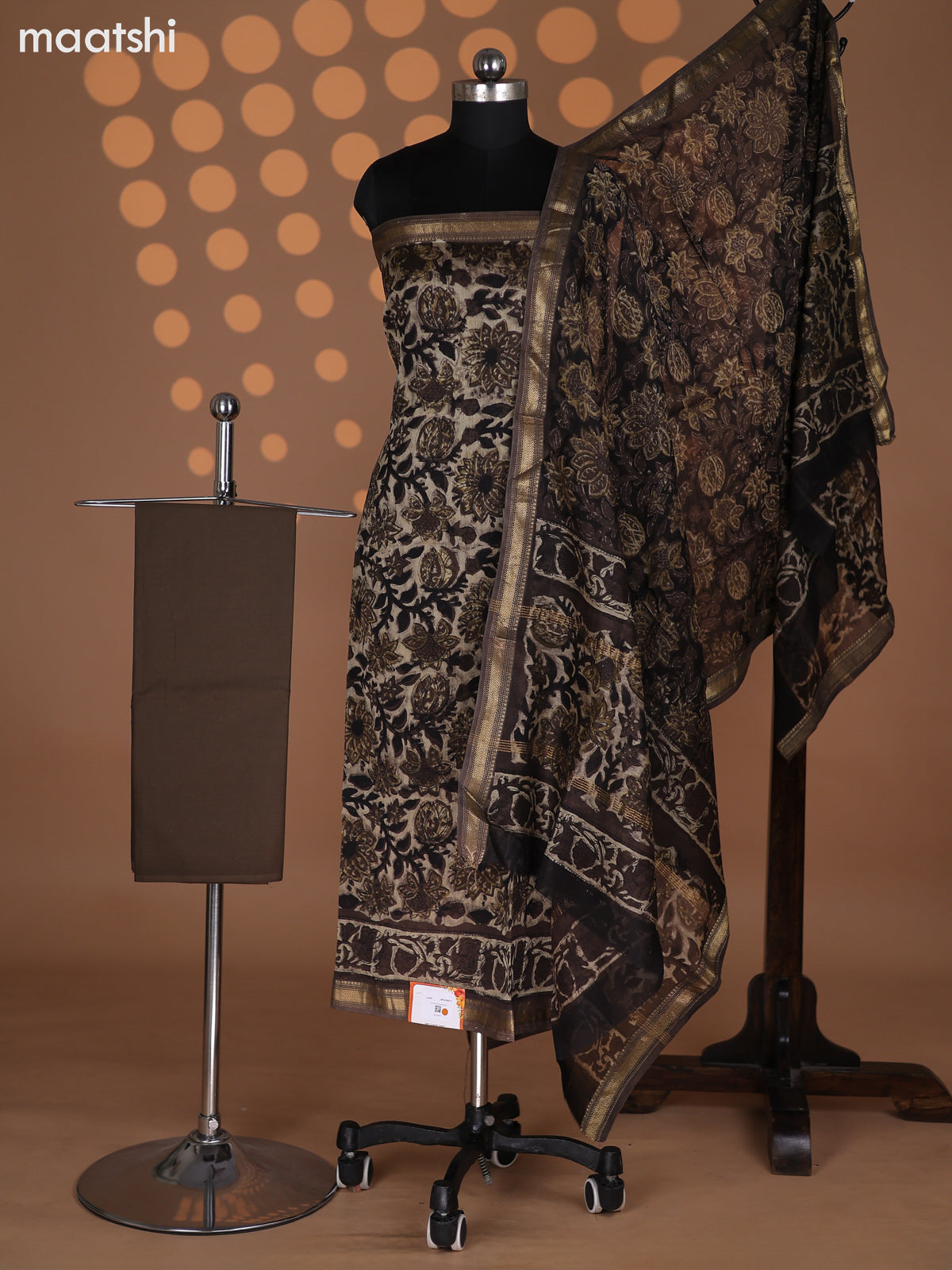 Beige and Dark Brown Chanderi Dress Material With Kalamkari Prints