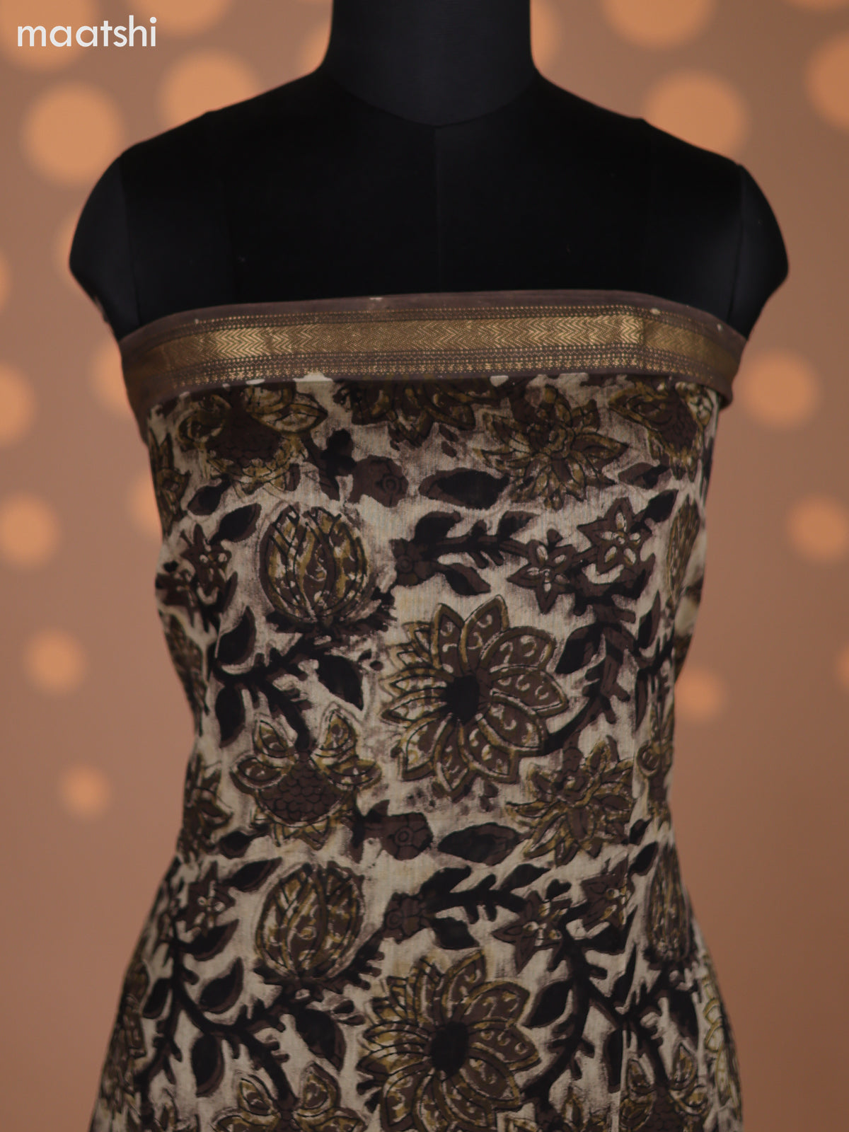 Beige and Dark Brown Chanderi Dress Material With Kalamkari Prints