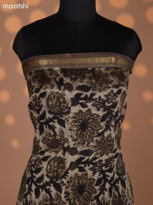 Beige and Dark Brown Chanderi Dress Material With Kalamkari Prints