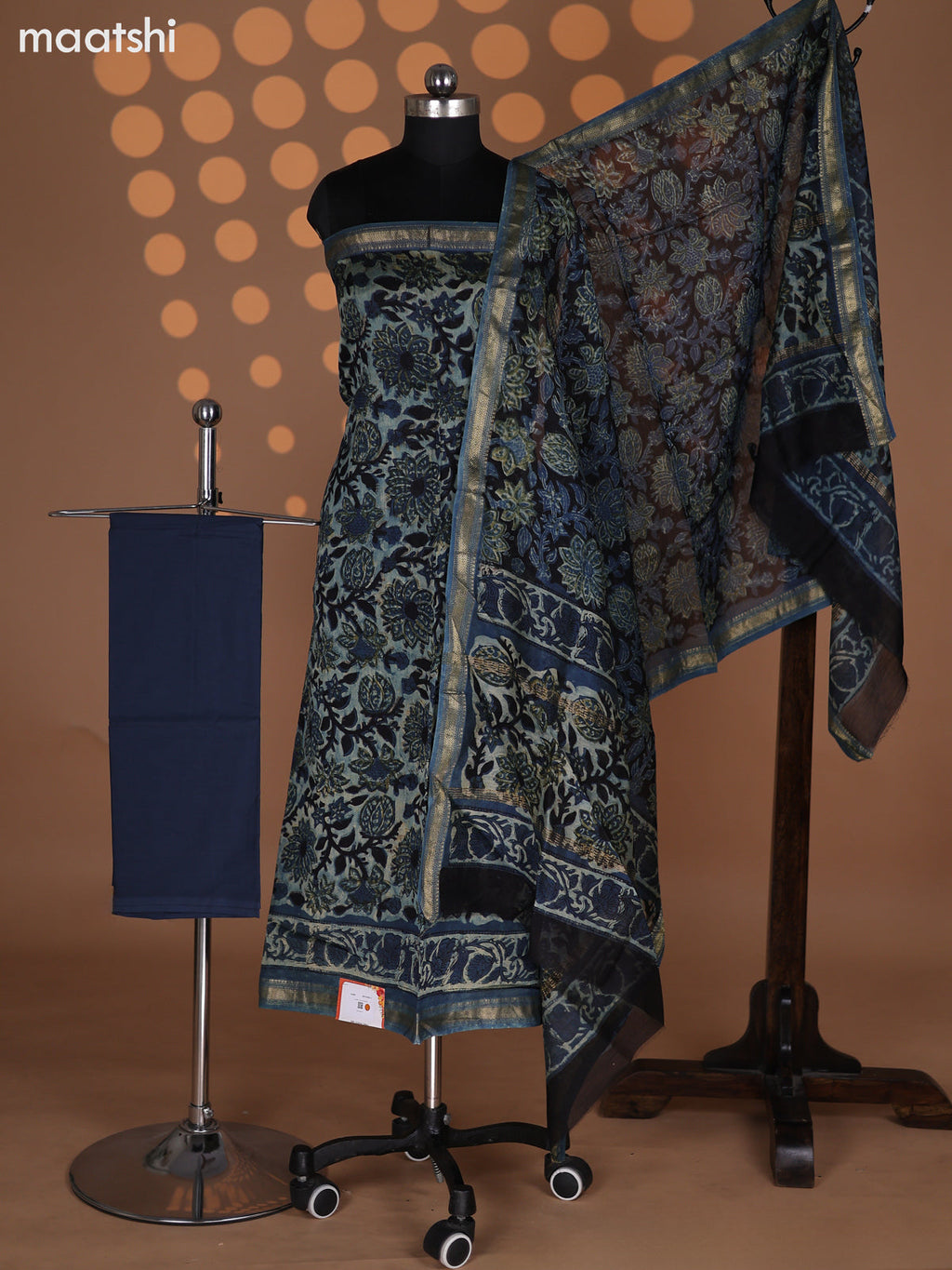 Pastel Green and Peacock Blue Chanderi Dress Material With Kalamkari Prints