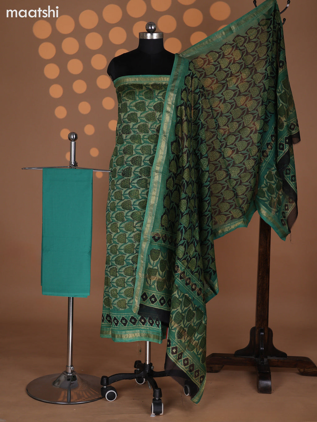 Pastel Green and Teal Green Chanderi Dress Material With Allover Prints