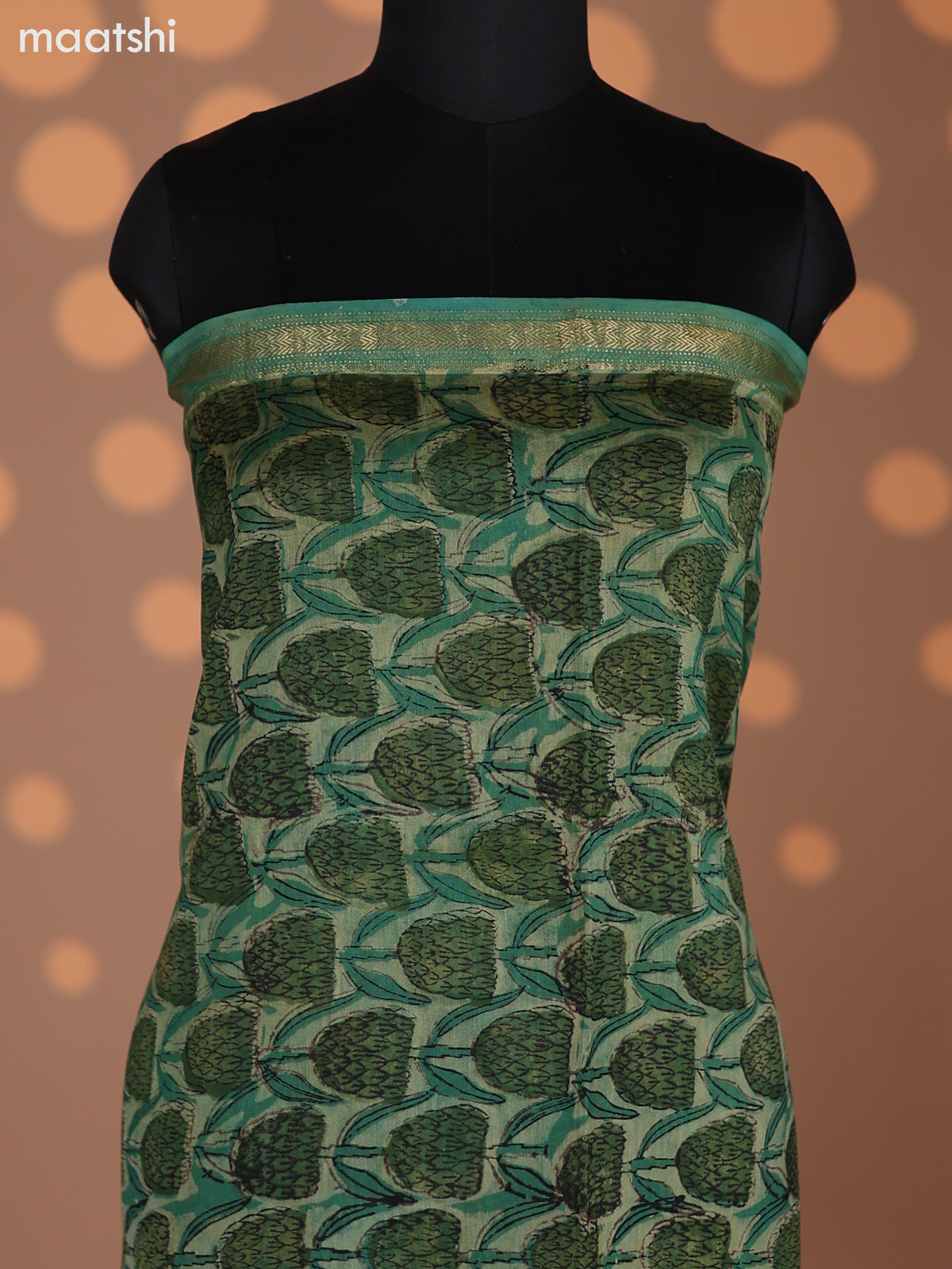 Pastel Green and Teal Green Chanderi Dress Material With Allover Prints