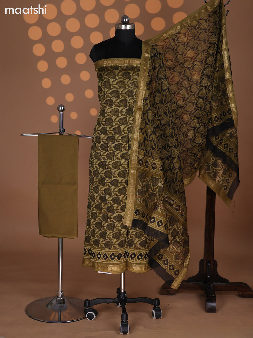 Mehendi Green Chanderi Dress Material With Allover Prints