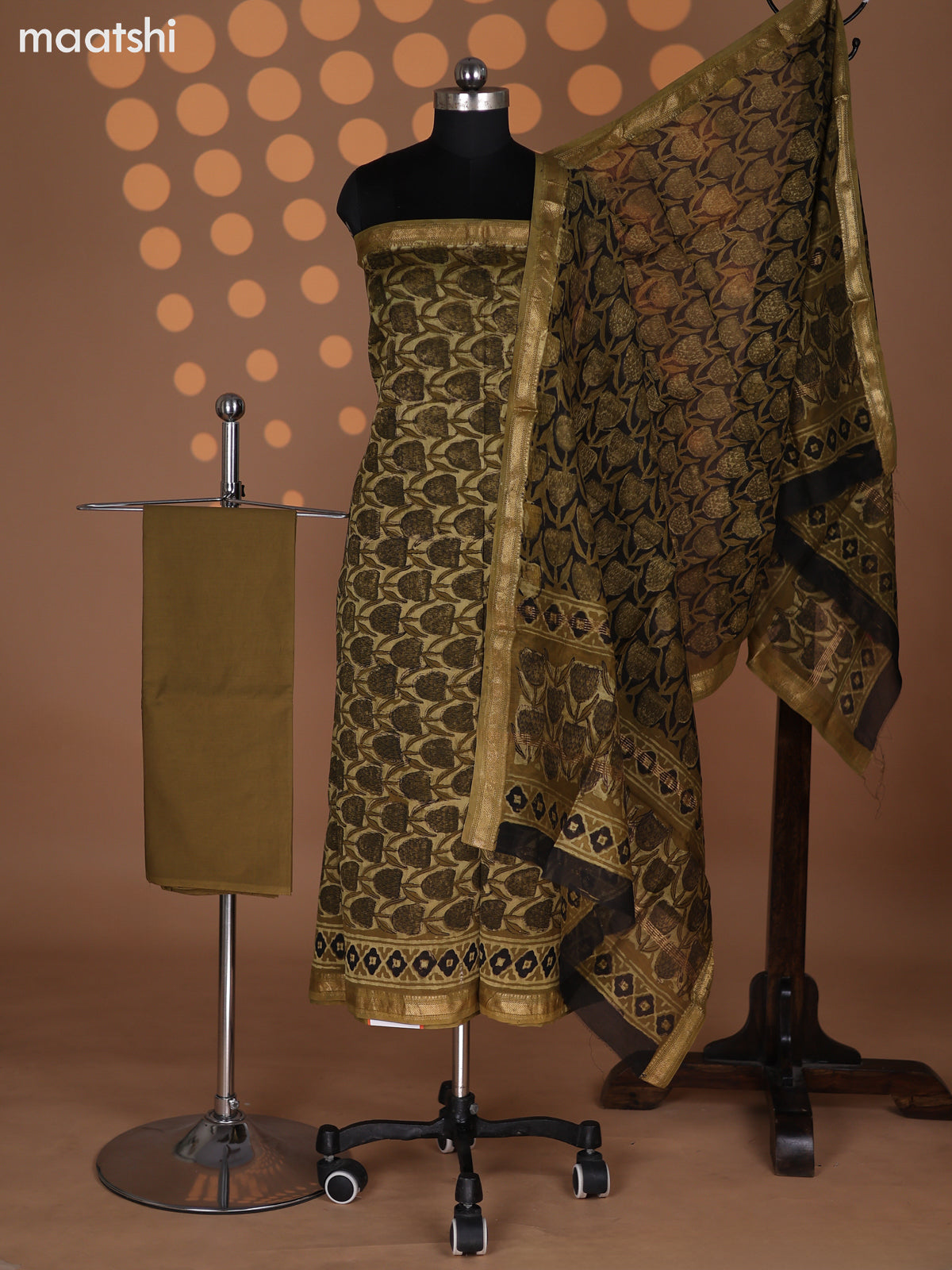 Mehendi Green Chanderi Dress Material With Allover Prints