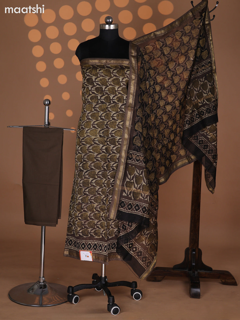 Beige and Brown Chanderi Dress Material With Allover Prints