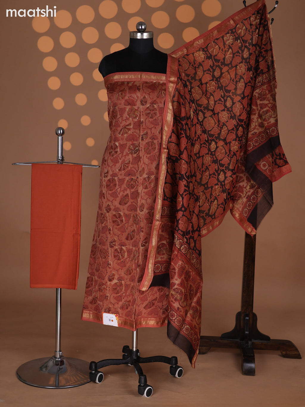 Rust Chanderi Dress Material With Allover Prints