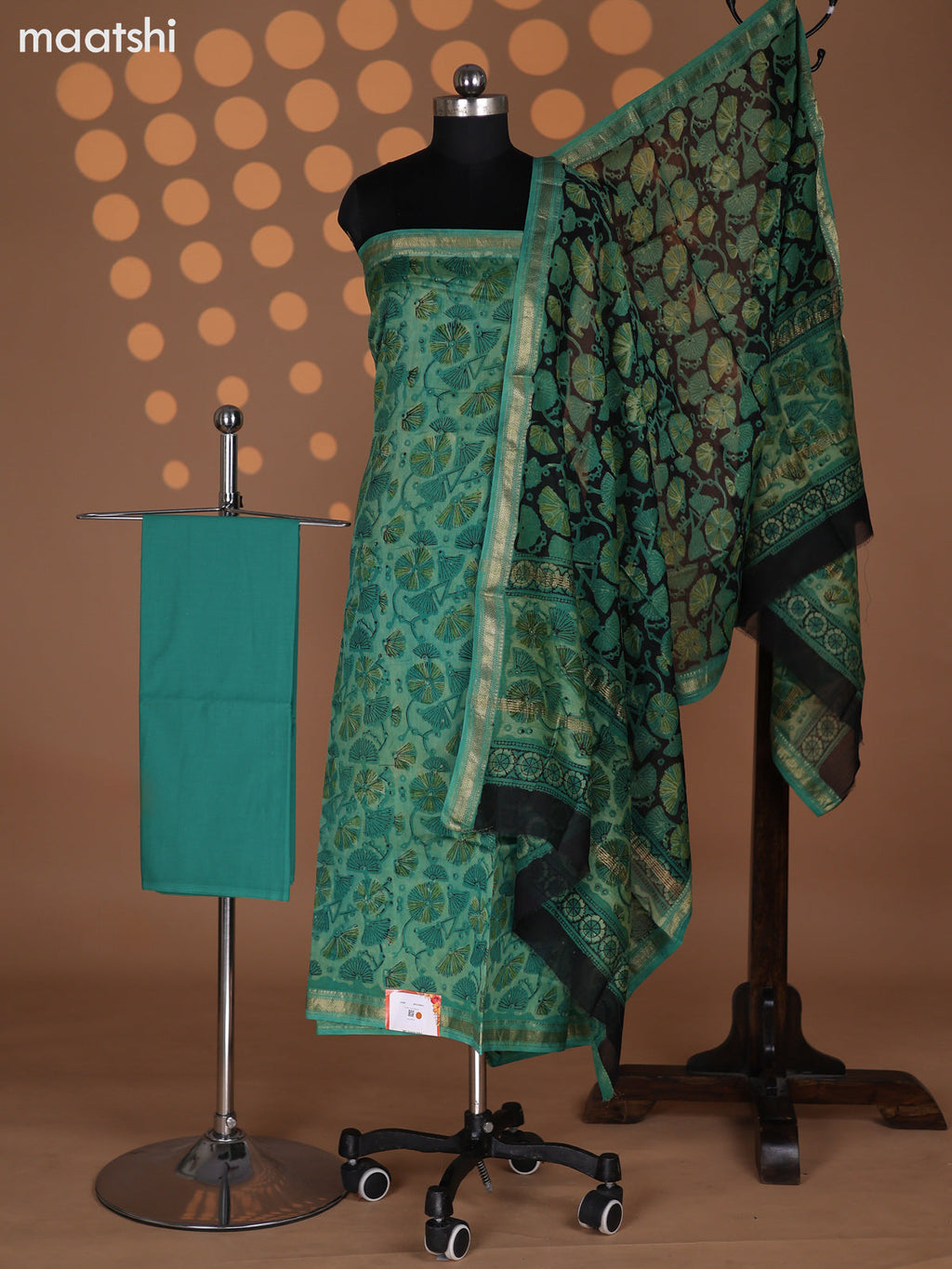 Teal Green Chanderi Dress Material With Allover Prints