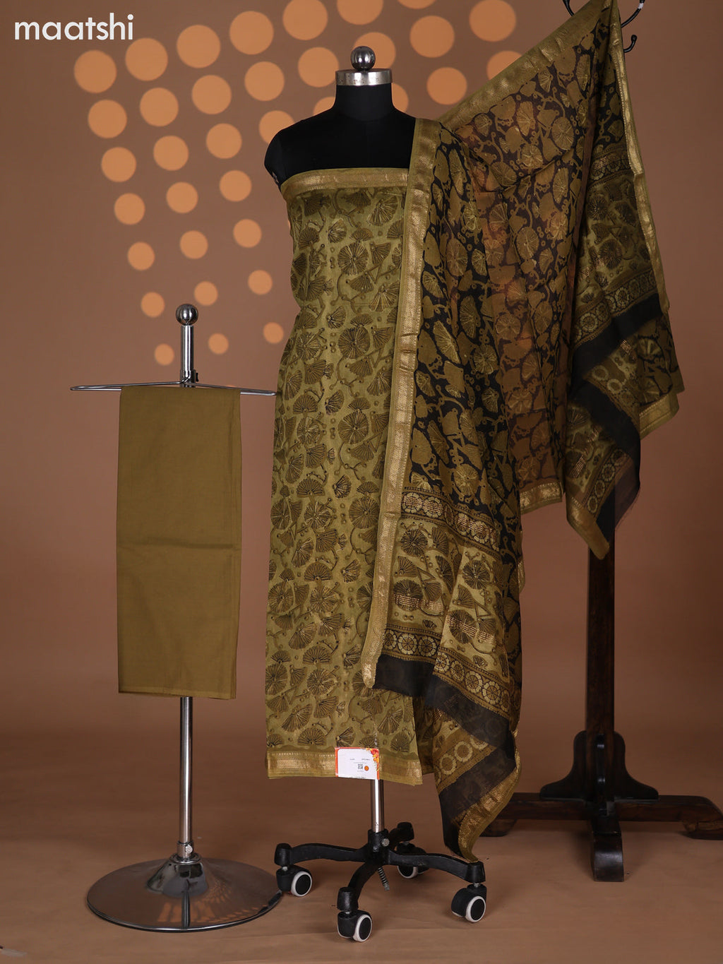 Mehendi Green Chanderi Dress Material With Allover Prints