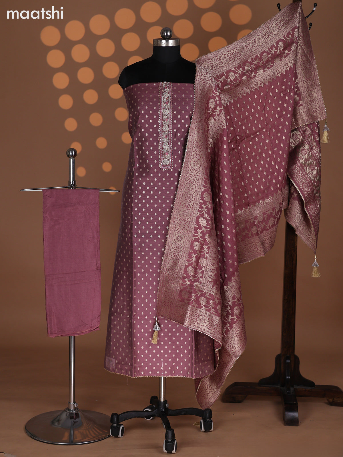 Mauve Pink Raw Silk Dress Material With Zari Buttas & Embroidery Work Neck Pattern
