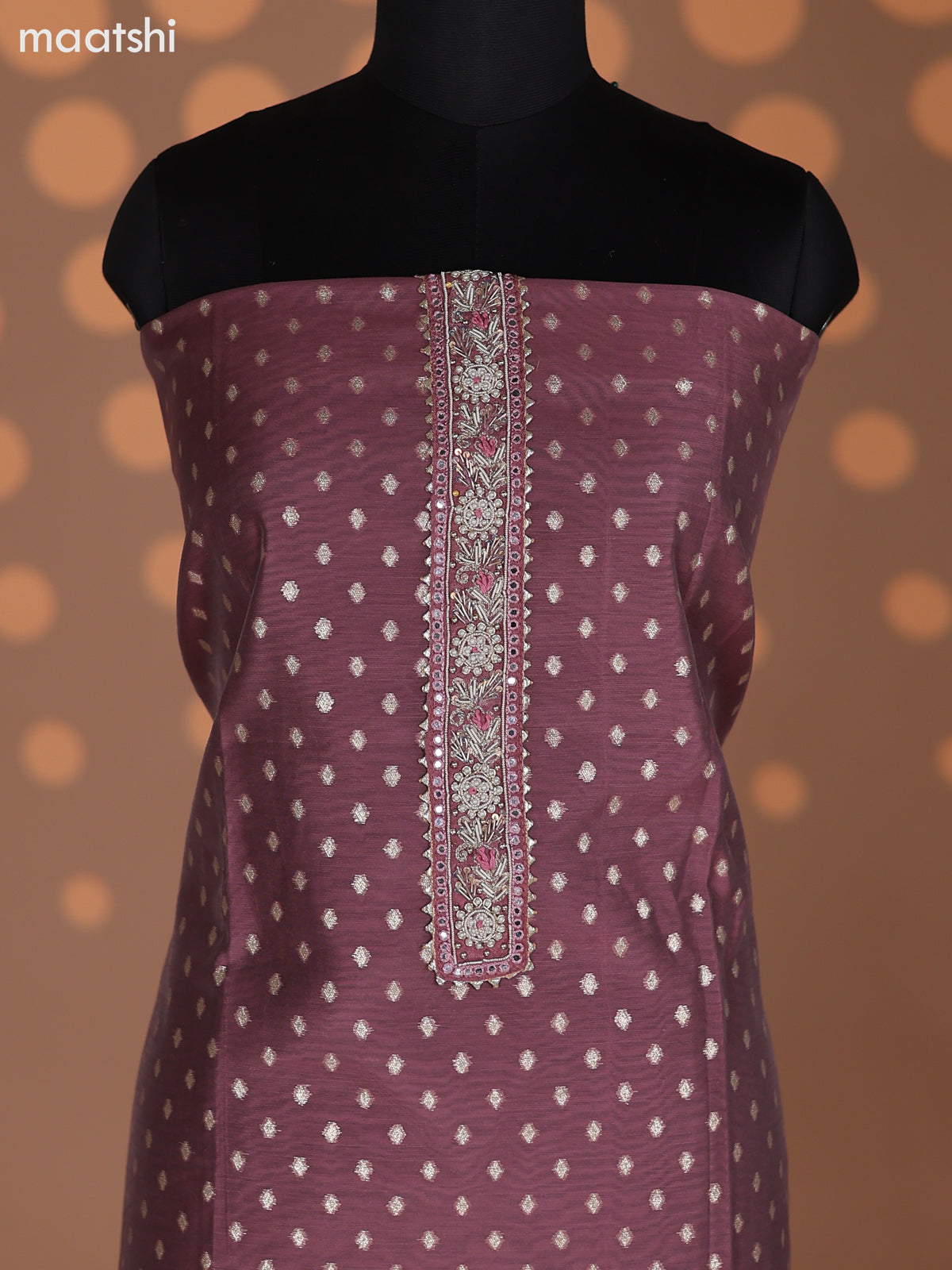 Mauve Pink Raw Silk Dress Material With Zari Buttas & Embroidery Work Neck Pattern