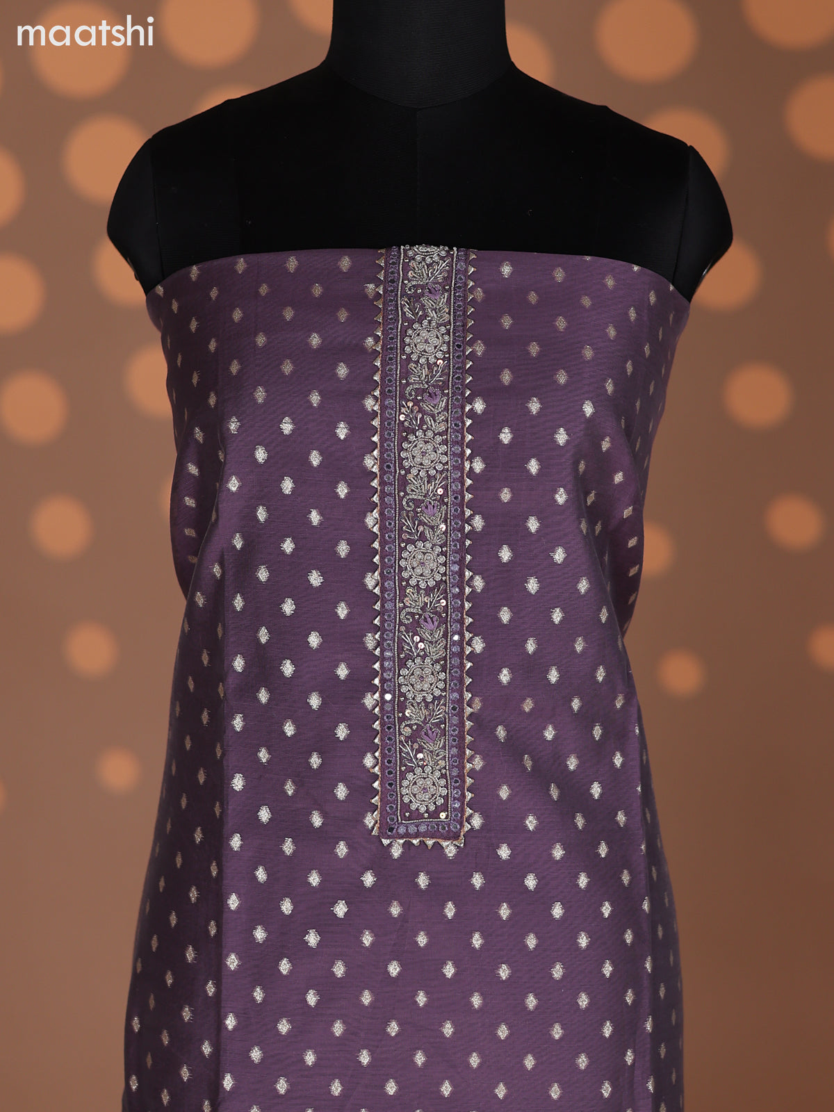 Pastel Purple Raw Silk Dress Material With Zari Buttas & Embroidery Work Neck Pattern