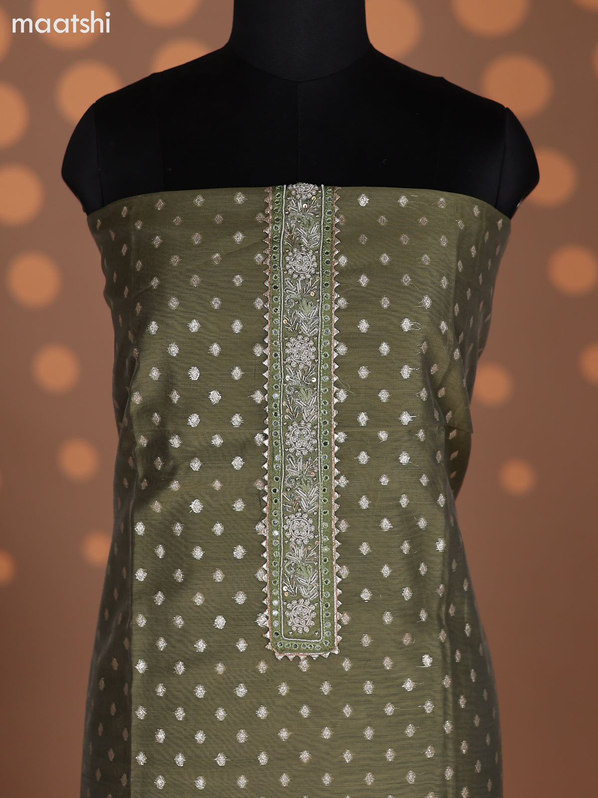 Pastel Green Raw Silk Dress Material With Zari Buttas & Embroidery Work Neck Pattern
