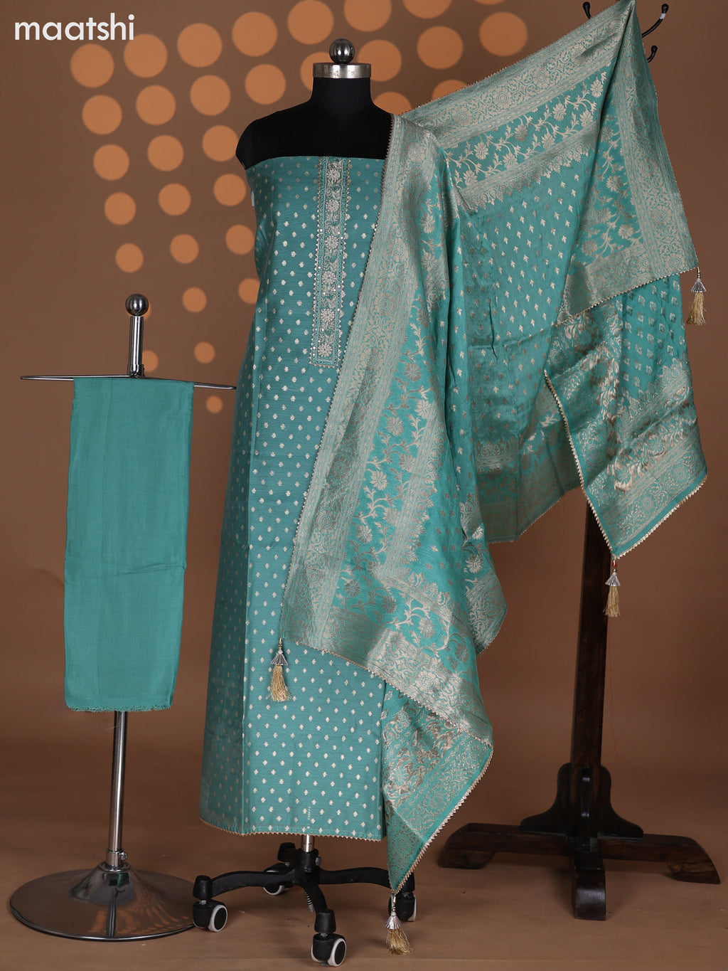 Teal Green Raw Silk Dress Material With Zari Buttas & Embroidery Work Neck Pattern