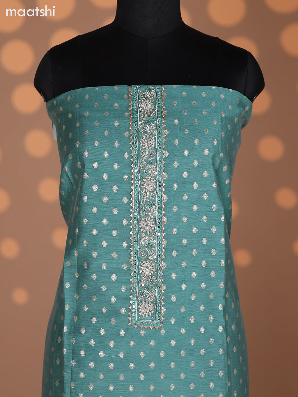 Teal Green Raw Silk Dress Material With Zari Buttas & Embroidery Work Neck Pattern