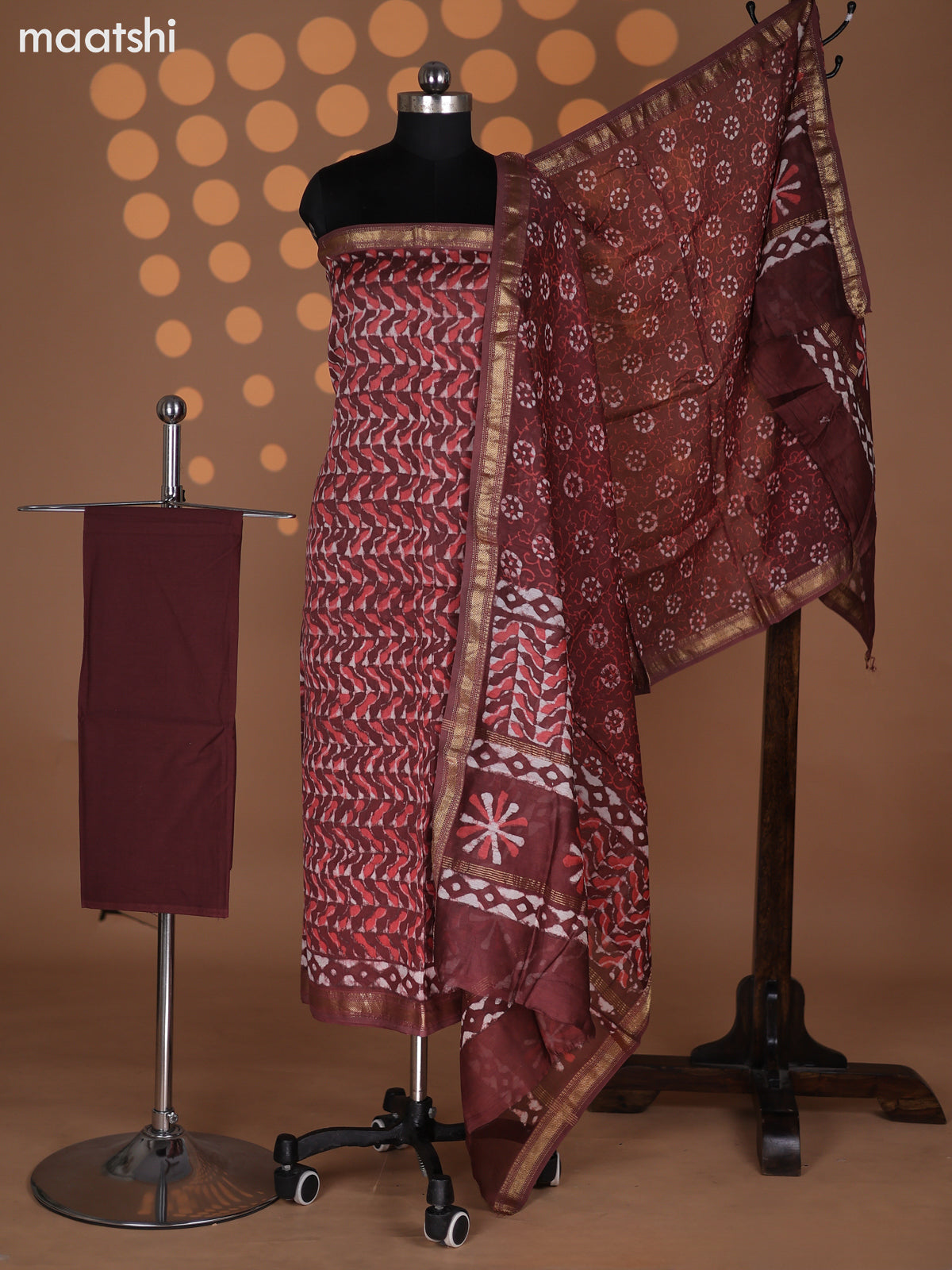 Pastel Maroon Chanderi Dress Material With Allover Prints